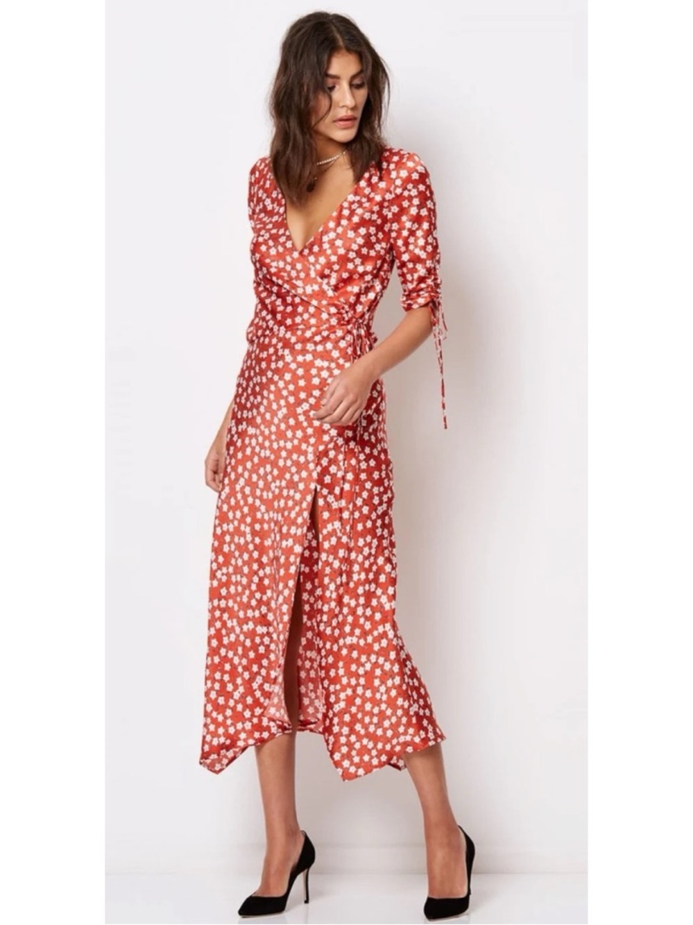 BEC & BRIDGE ‘In Your Dreams’ Silk Floral Midi Wrap Dress Red White 🆕LIKE NEW🆕